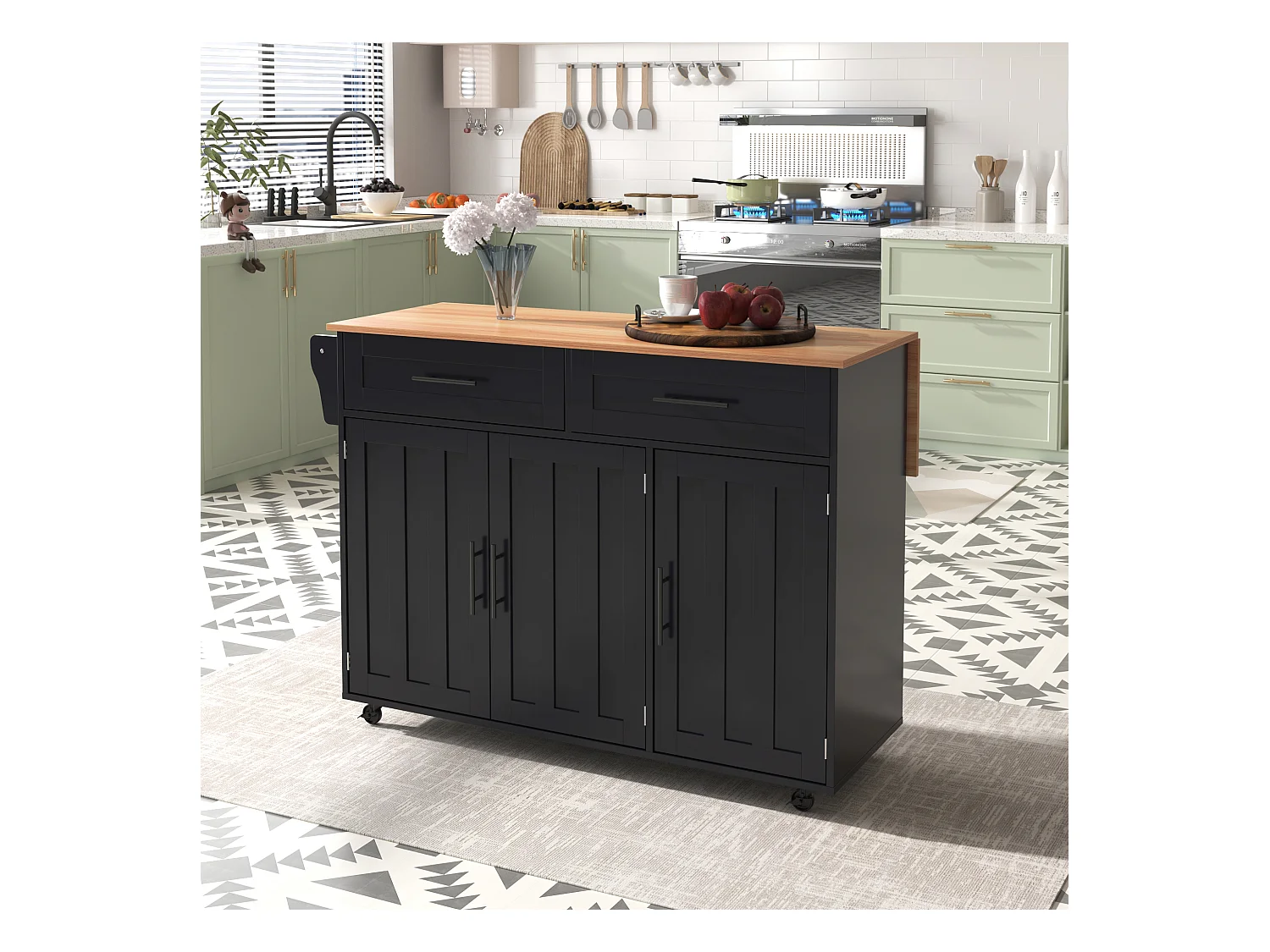 Desserte negro - Îlot de cuisine con 2 puertas y 2 cajones - toallero y 5 ruedas - tablero plegable
