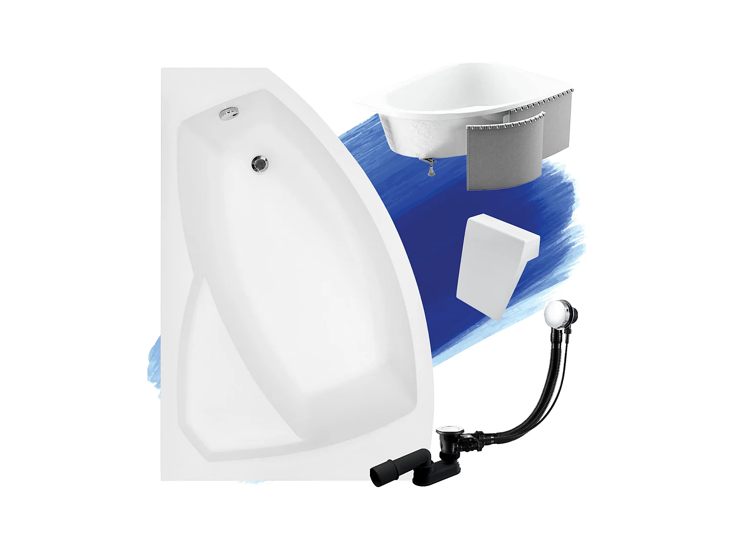 Badewanne Eckwanne RIMA 130x85 Links mit Styroporverkleidung und weißer Kopfstützen | Ablauf & Füße GRATIS !