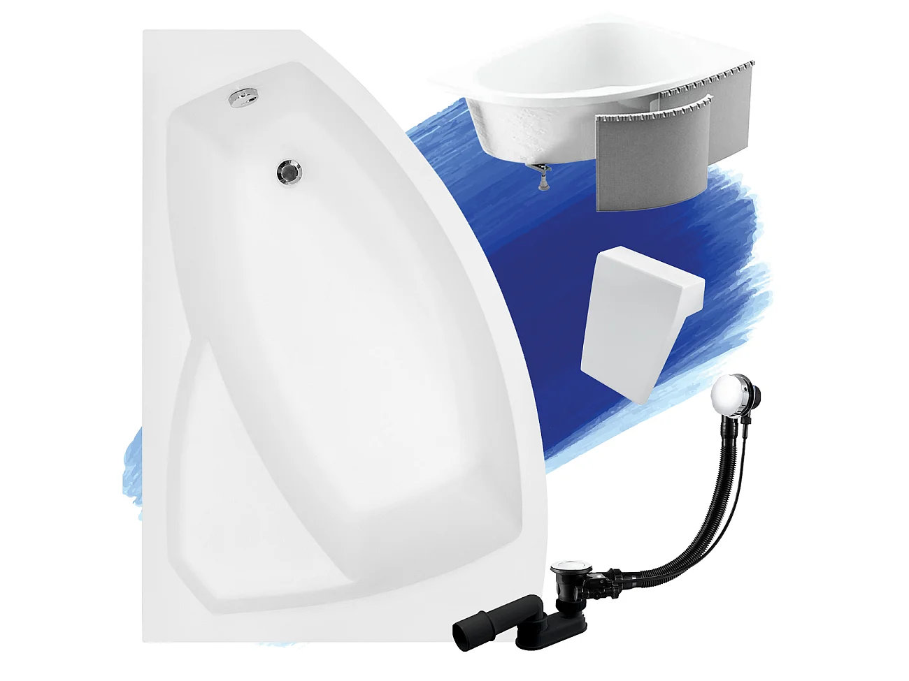 Badewanne Eckwanne RIMA 130x85 Links mit Styroporverkleidung und weißer Kopfstützen | Ablauf & Füße GRATIS !