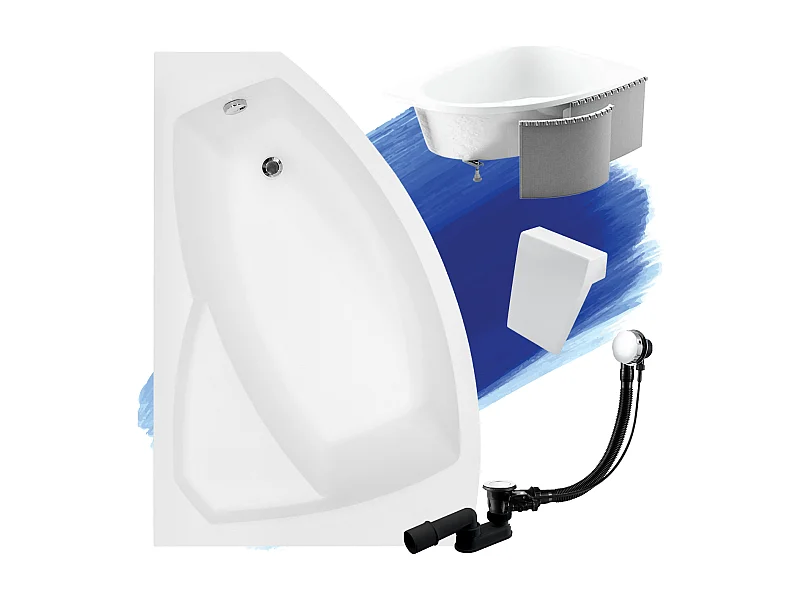 Badewanne Eckwanne RIMA 130x85 Links mit Styroporverkleidung und weißer Kopfstützen | Ablauf & Füße GRATIS !