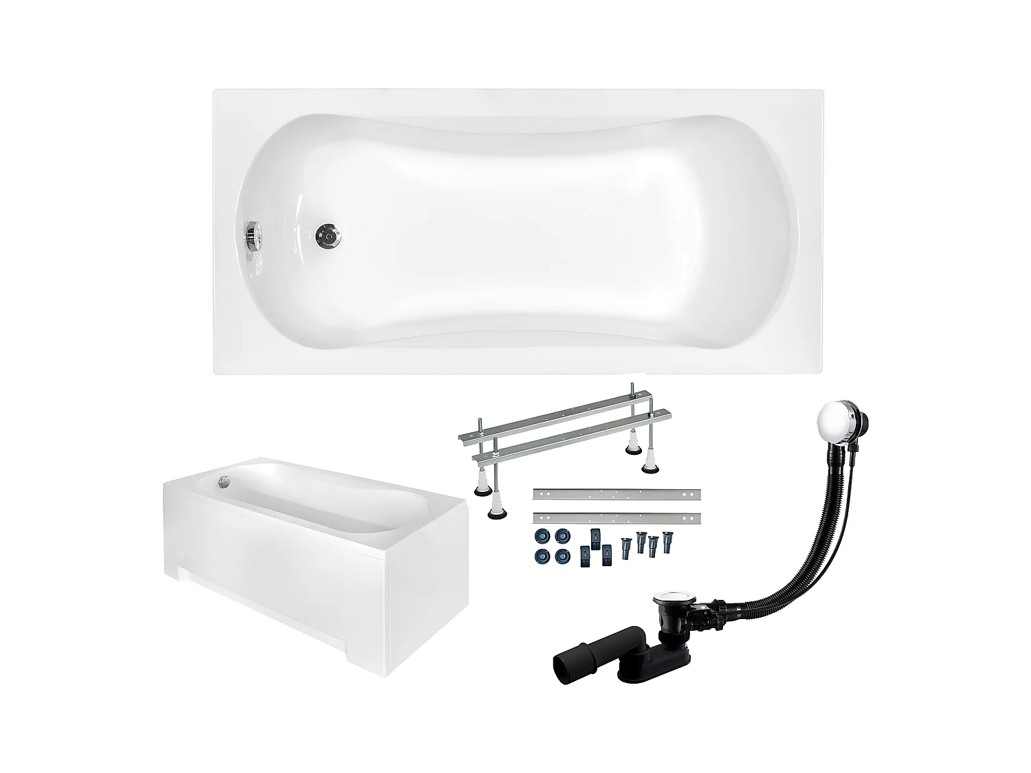 Baignoire rectangulaire 150x70 ARIA acrylique blanc + avec Tablier + Pieds + Vidage à chromé