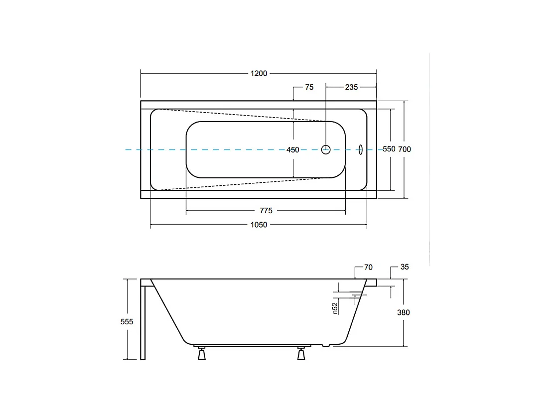 Baignoire rectangulaire 120x70 MODERN acrylique blanc + Support stabilisateur en polystyrène + Pieds + Vidage à chromé