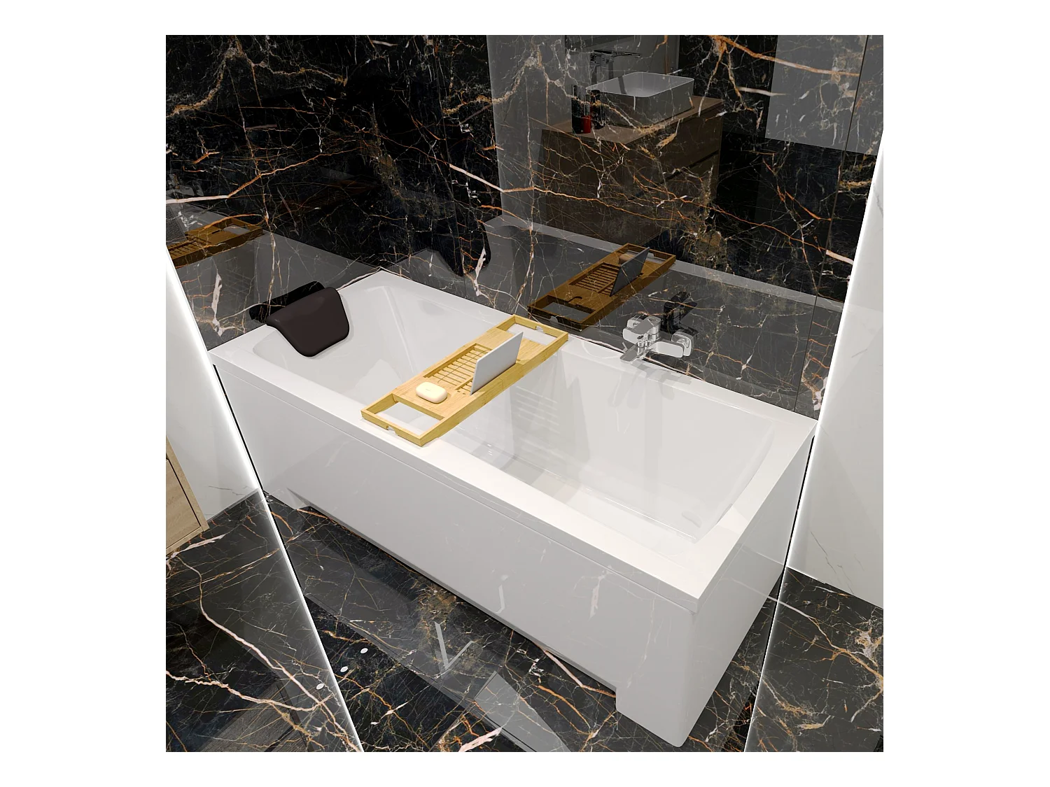 Baignoire rectangulaire 170x70 OPTIMA acrylique blanc, sans Habillage + Étagère bambou + Pieds + Vidage à chromé