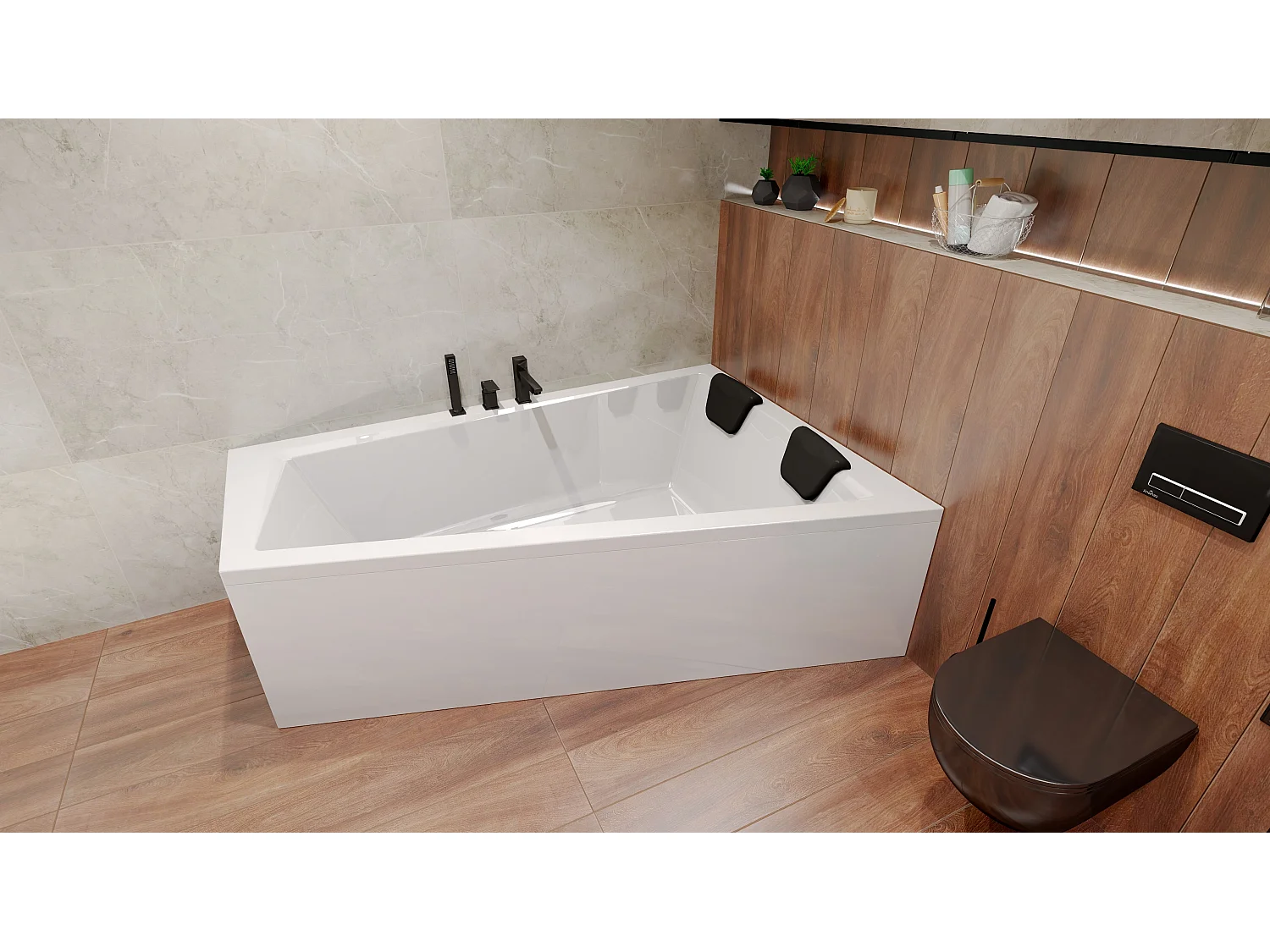 Hoekbad INTIMA 150x85 rechts + 2 hoofdsteunen KODI | Afvoer &amp; voeten GRATIS!