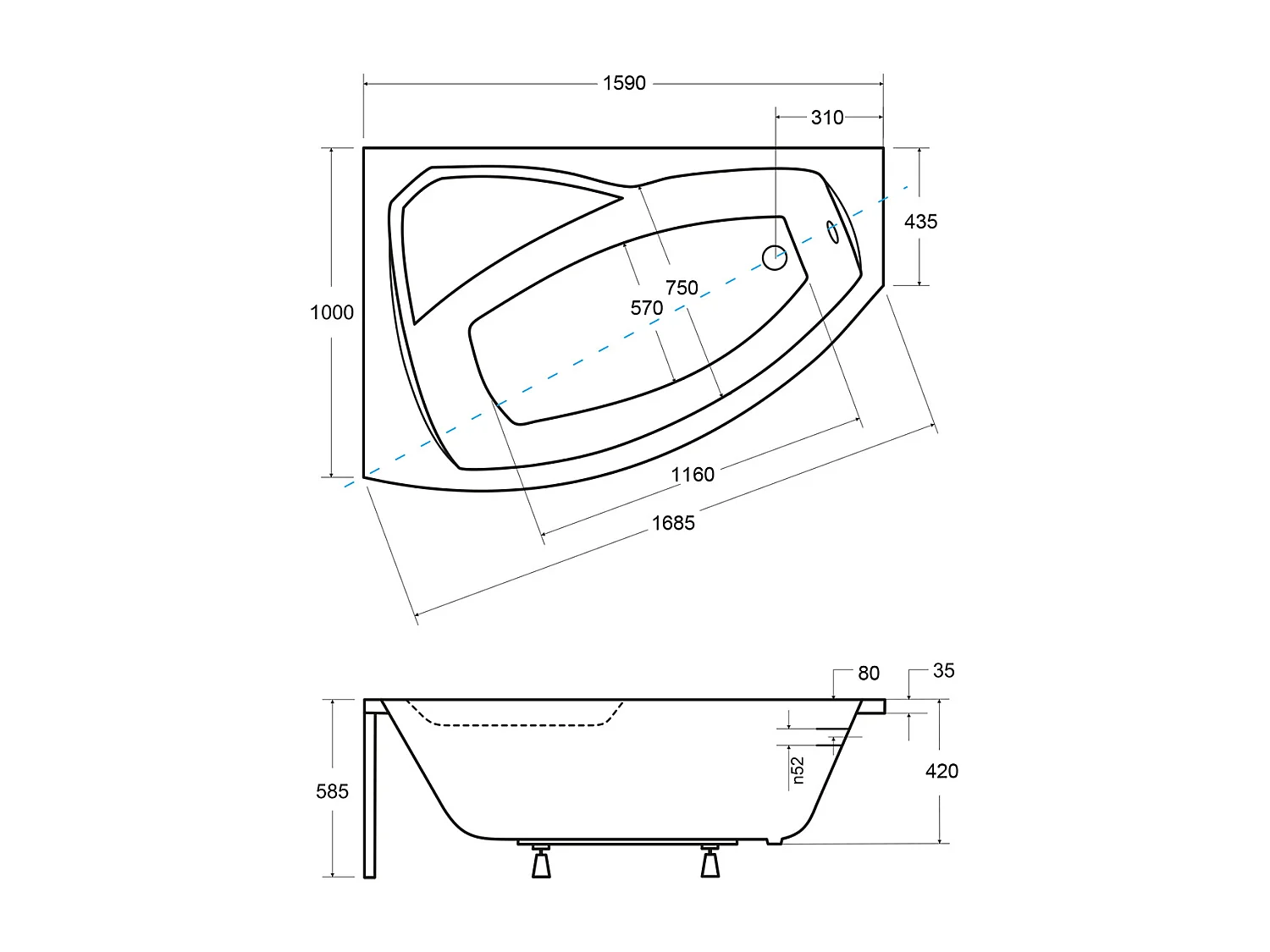 Hoekbadkuip RIMA 160x100 links met piepschuim bekleding | Afvoer &amp; voeten GRATIS!