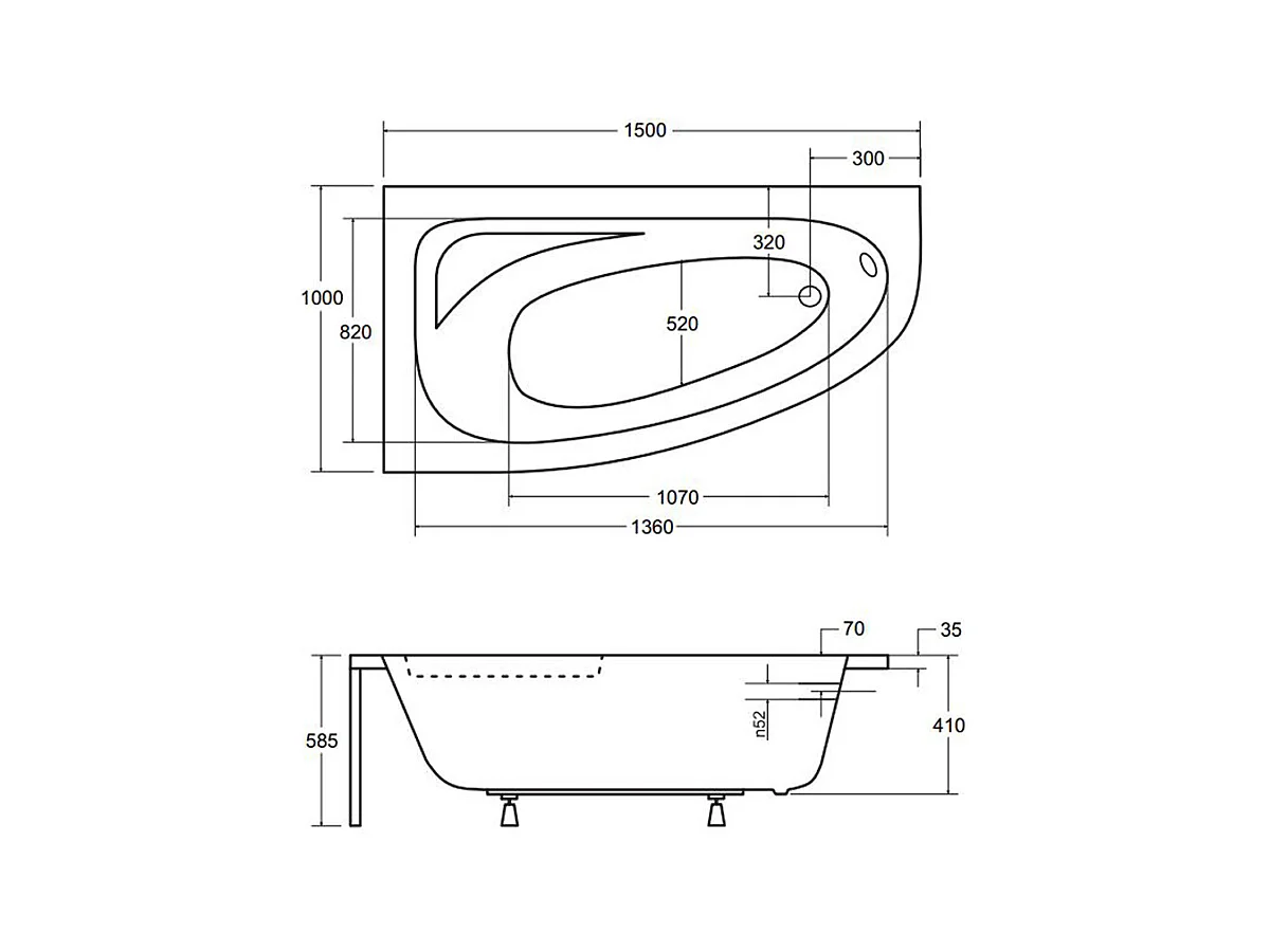 Baignoire asymétrique 150x100 Gauche CORNEA acrylique blanc + avec Tablier + Pieds + Vidage à chromé