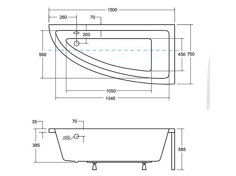 Badewanne Eckwanne PRAKTIKA 150x70 Rechts mit AcrylSchürze | Ablauf & Füße GRATIS !