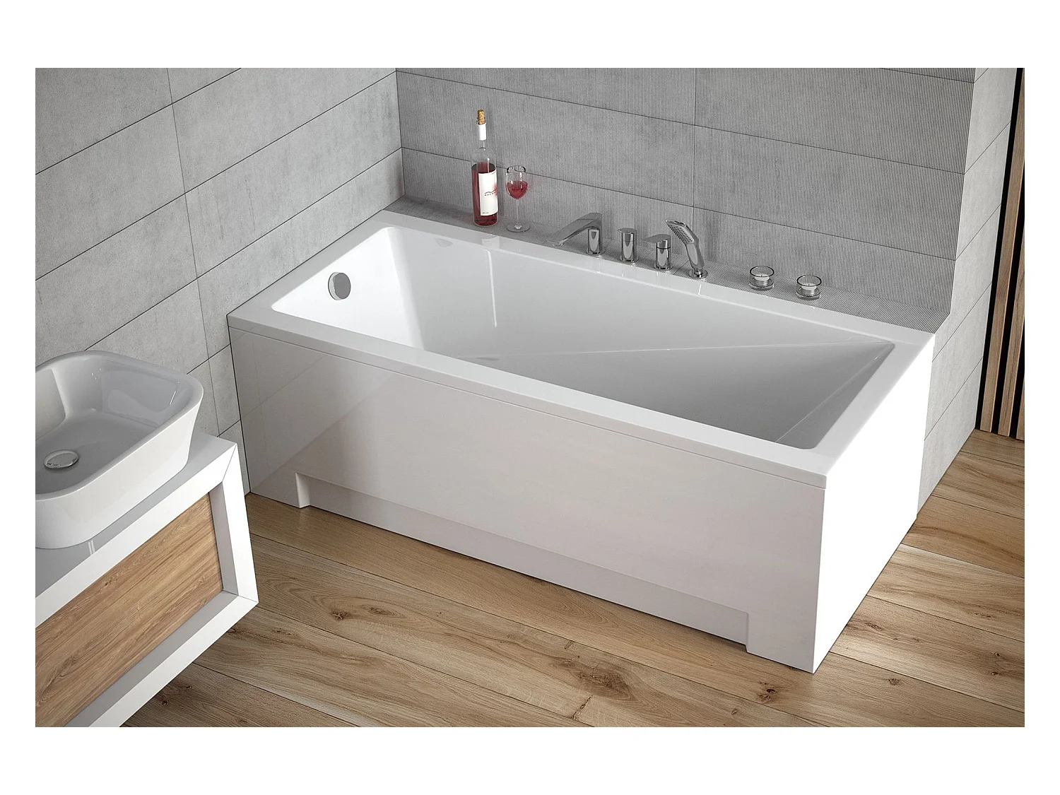 Baignoire rectangulaire 140x70 MODERN acrylique blanc + avec Tablier + Pieds + Vidage à chromé