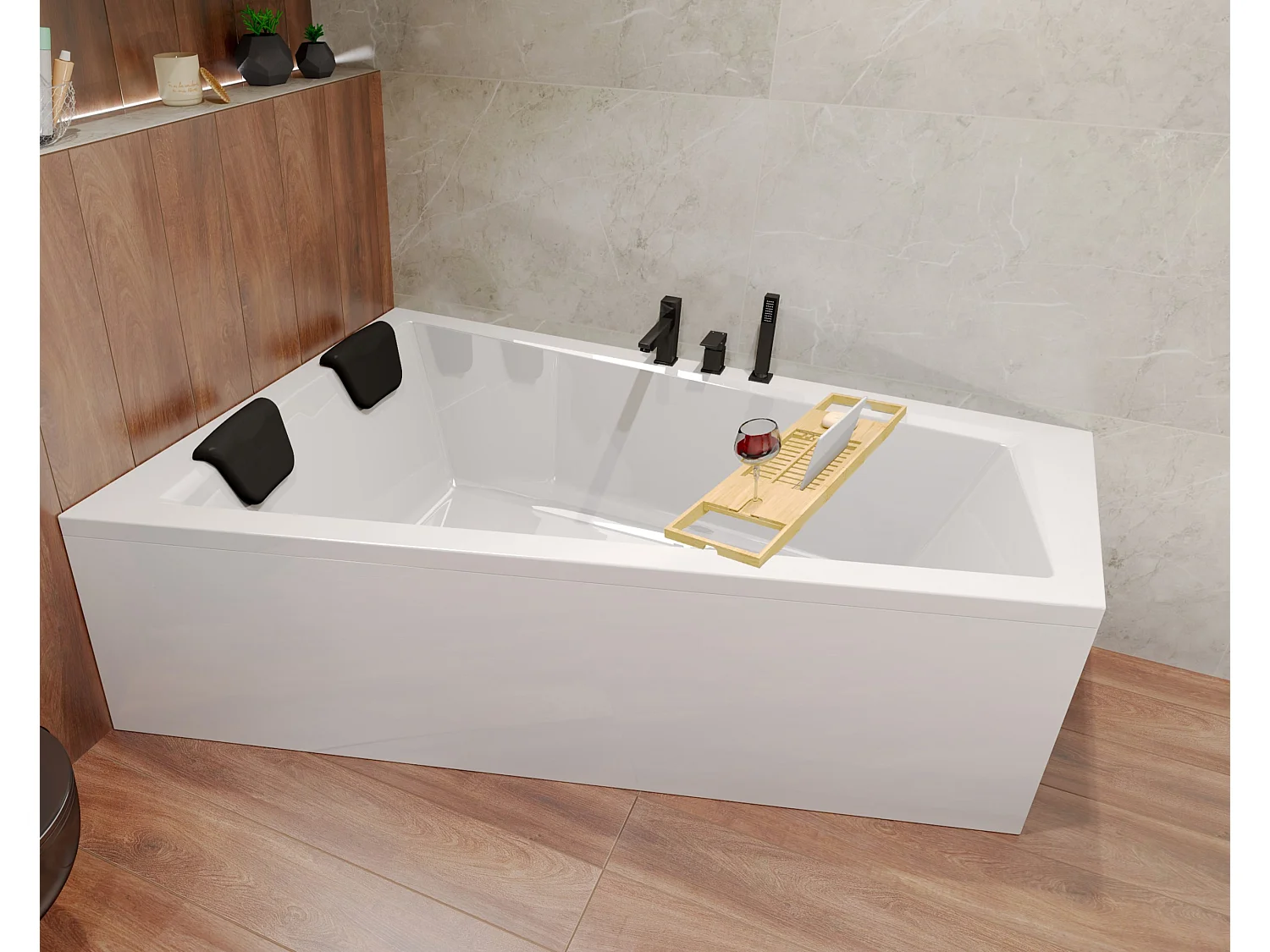 Baignoire asymétrique 180x125 Gauche INTIMA acrylique blanc, sans Habillage + Étagère bambou + Pieds + Vidage à chromé