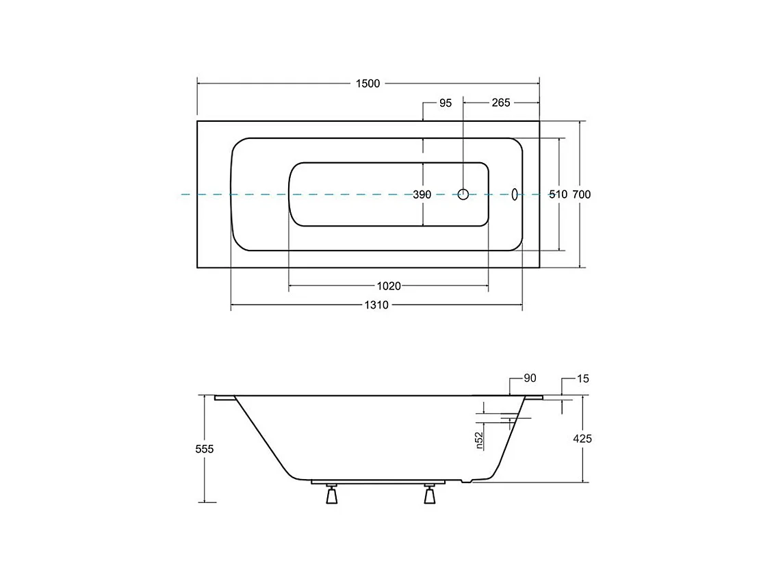 Baignoire rectangulaire 150x70 TALIA SLIM acrylique blanc, sans Habillage + Pieds + Vidage à chromé