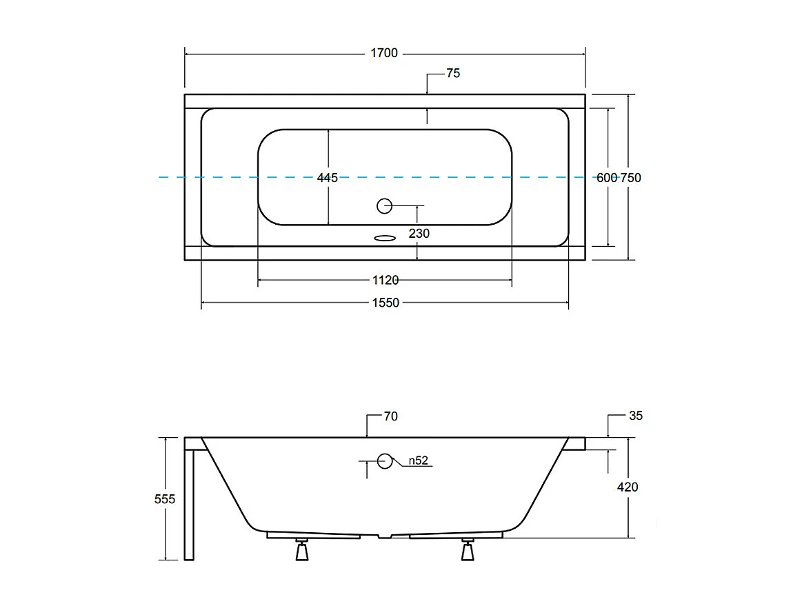Baignoire rectangulaire 170x75 QUADRO acrylique blanc + avec Tablier + Pieds + Vidage à chromé