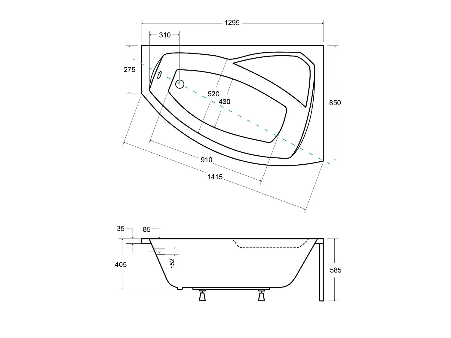 Badewanne Eckwanne RIMA 130x85 Rechts mit AcrylSchürze und weißer Kopfstützen | Ablauf & Füße GRATIS !