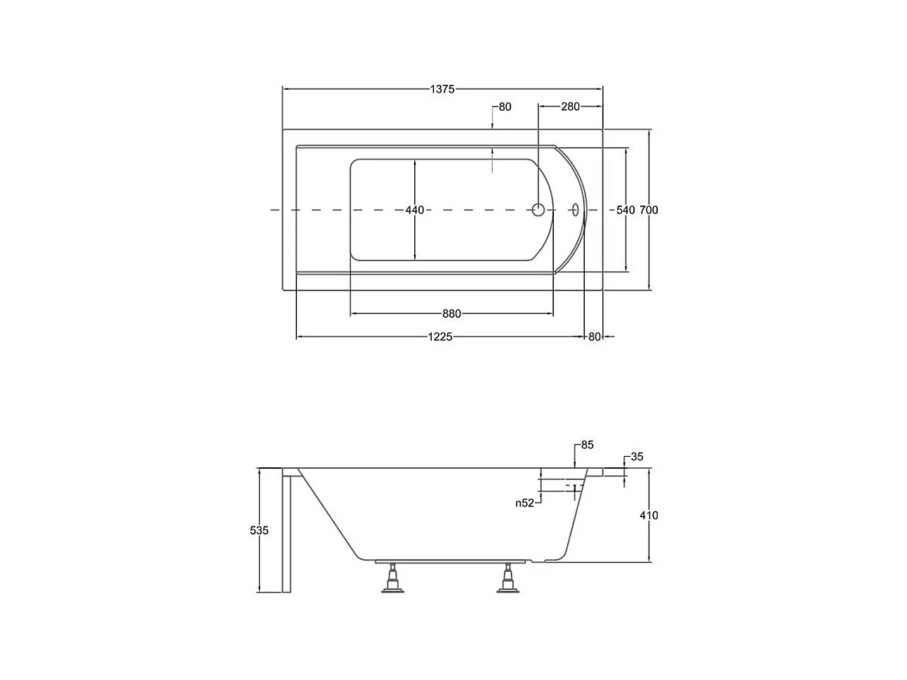 Baignoire rectangulaire 140x70 SHEA acrylique blanc + Support stabilisateur en polystyrène + Pieds + Vidage à chromé