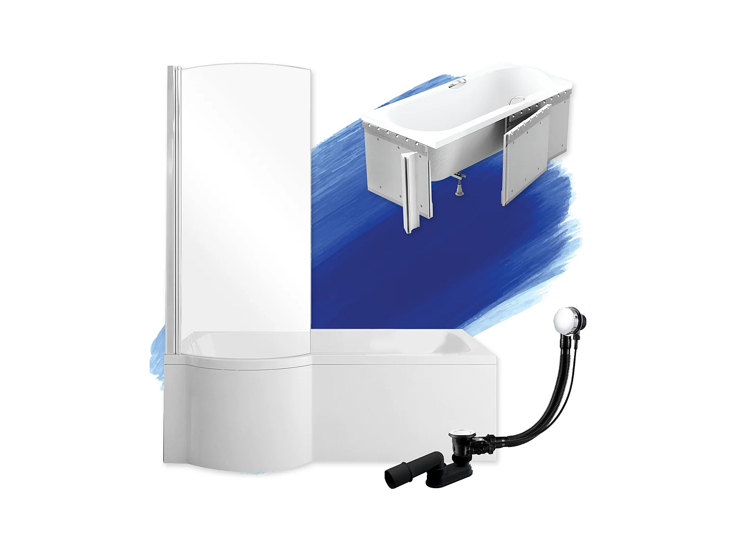 Baignoire rectangulaire 170x70 Gauche INSPIRO acrylique blanc + Habillage en polystyrène + Pieds + Vidage à chromé