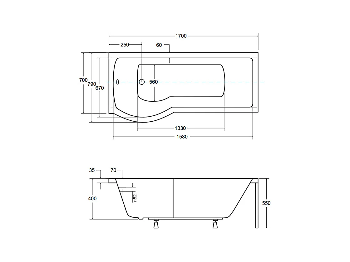 Baignoire rectangulaire 170x70 Gauche INSPIRO acrylique blanc + Habillage en polystyrène + Pieds + Vidage à chromé