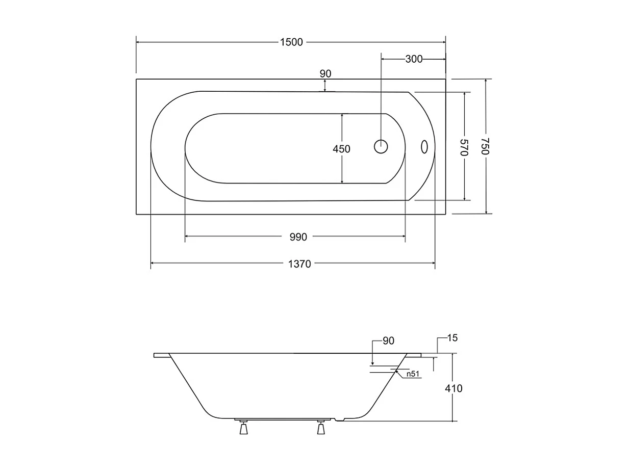 Badewanne Rechteck INTRICA SLIM 150x75 mit Wannenträger | Ablauf & Füße GRATIS !