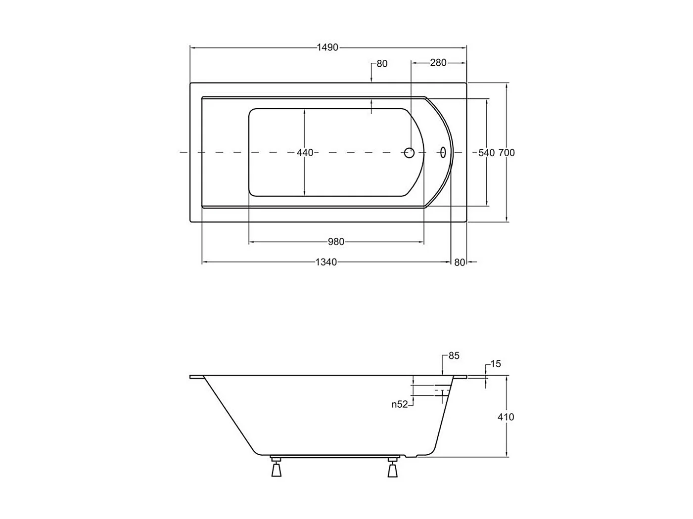 Baignoire rectangulaire 150x70 SHEA SLIM acrylique blanc + Support stabilisateur en polystyrène + Pieds + Vidage à chromé