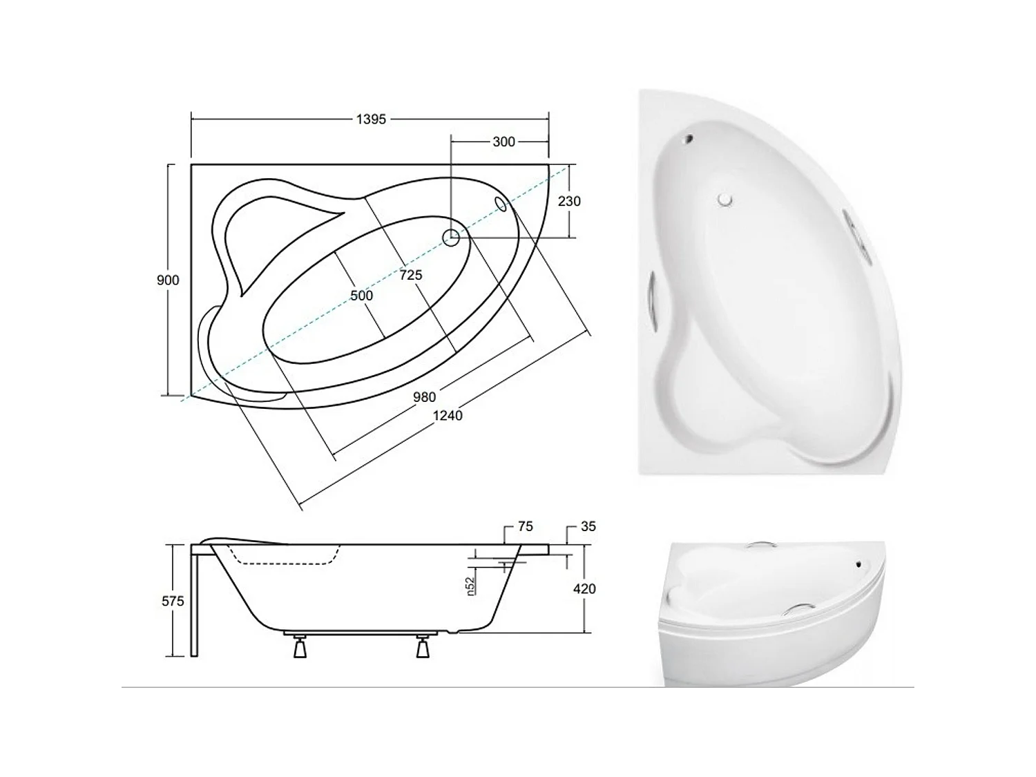 Badewanne Eckwanne ADA 140x90 Links mit Handgriffen | Ablauf & Füße GRATIS !