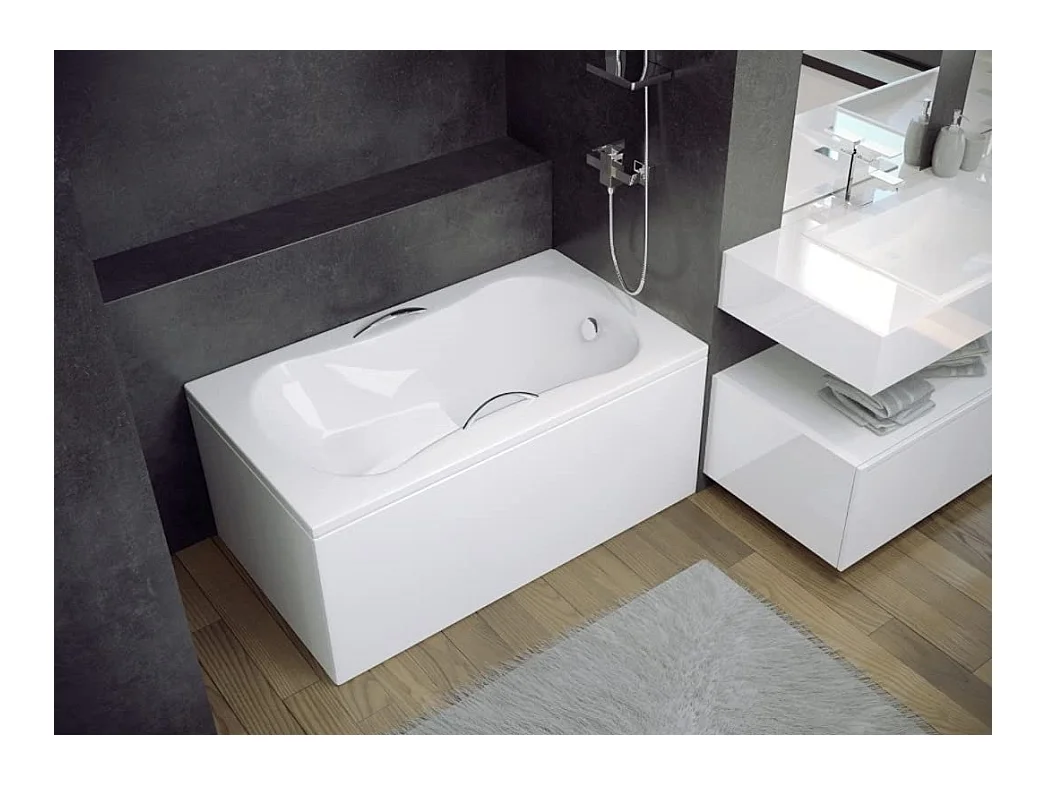 Baignoire rectangulaire 120x70 ARIA REHAB acrylique blanc + avec Tablier + Poignées + Pieds + Vidage à chromé