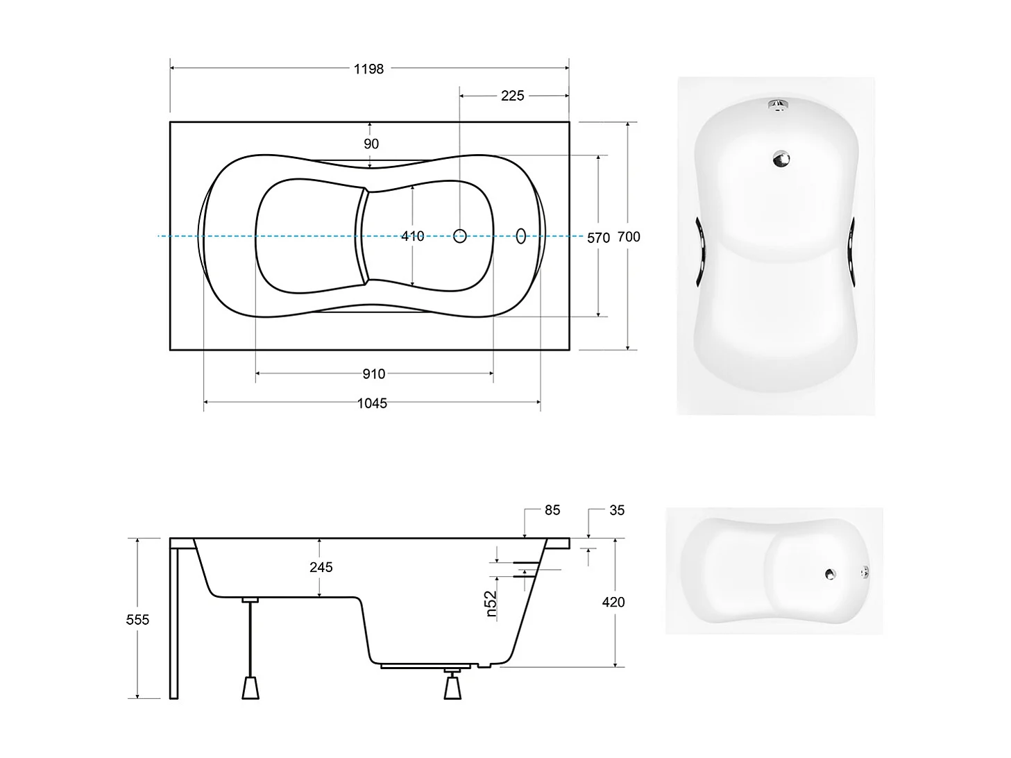 Badewanne Rechteck ARIA REHAB 120x70 mit AcrylSchürze und Handgriffen | Ablauf & Füße GRATIS !