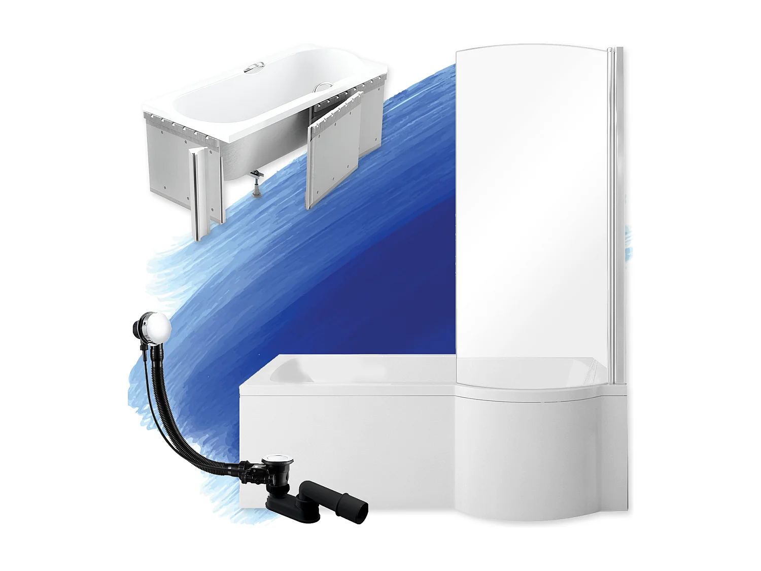 Baignoire rectangulaire 160x70 Droite INSPIRO acrylique blanc + Habillage en polystyrène + Pieds + Vidage à chromé