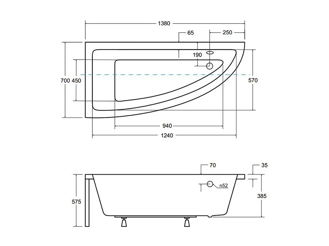 Baignoire asymétrique 140x70 Gauche PRAKTIKA acrylique blanc + Habillage en polystyrène + Pieds + Vidage à chromé