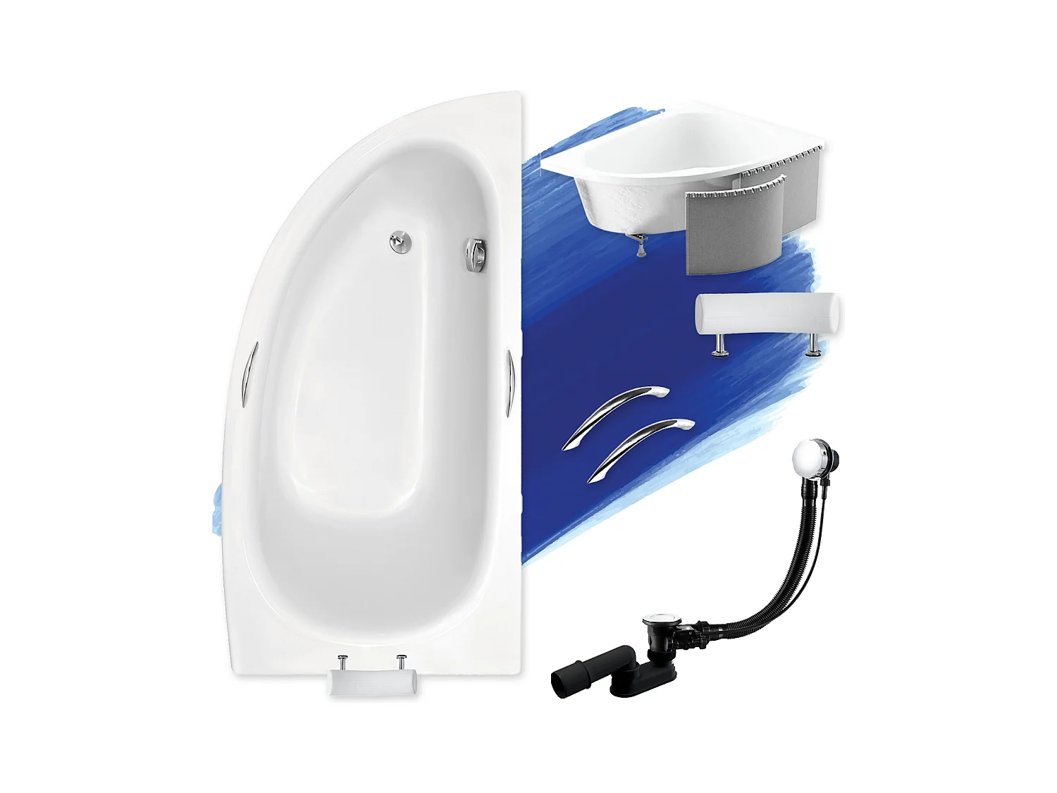 Baignoire asymétrique 150x70 Droite MILENA PREMIUM acrylique blanc + Habillage en polystyrène + Poignées + Repose Tête + Pieds + Vidage à chromé