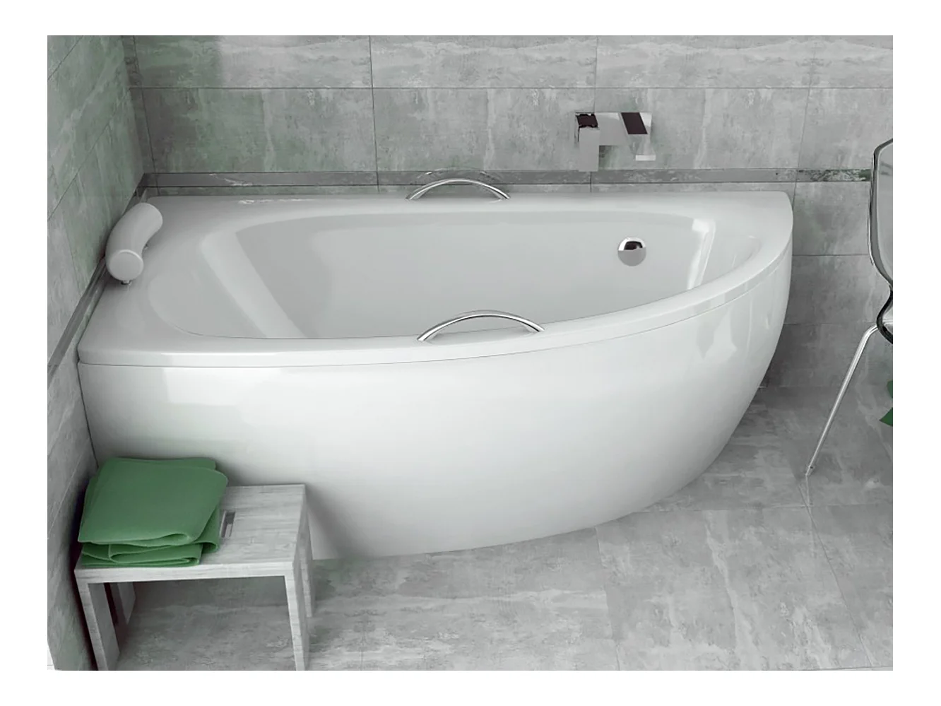 Baignoire asymétrique 150x70 Droite MILENA PREMIUM acrylique blanc + Habillage en polystyrène + Poignées + Repose Tête + Pieds + Vidage à chromé