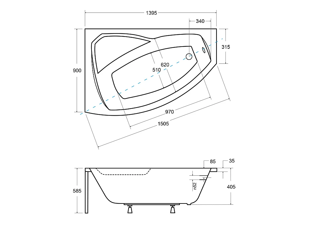 Badewanne Eckwanne RIMA 140x90 Links mit weißer Kopfstützen | Ablauf & Füße GRATIS !