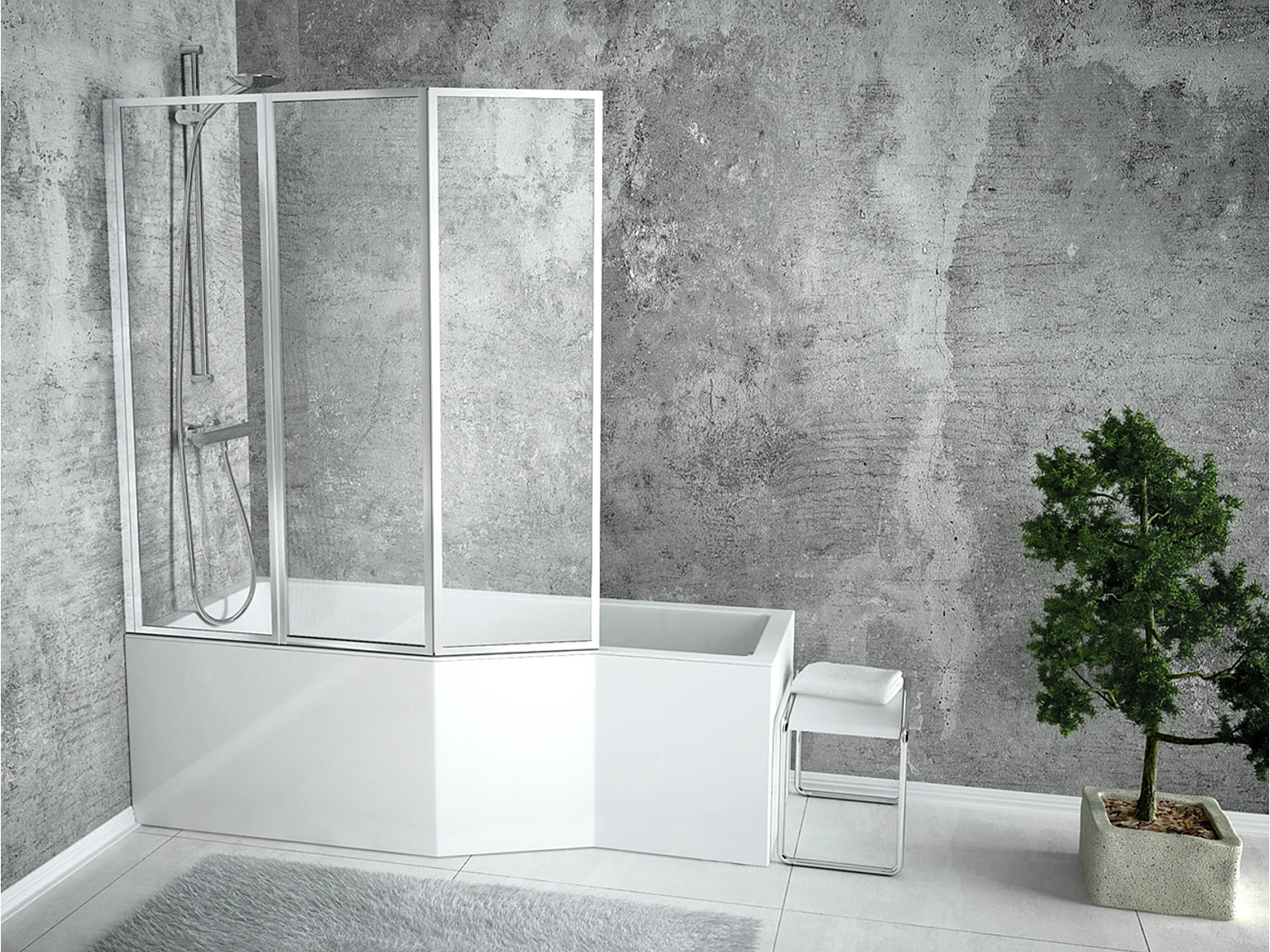 Baignoire asymétrique 150x75 Gauche INTEGRA acrylique blanc + avec Tablier + Écran + Pieds + Vidage à chromé