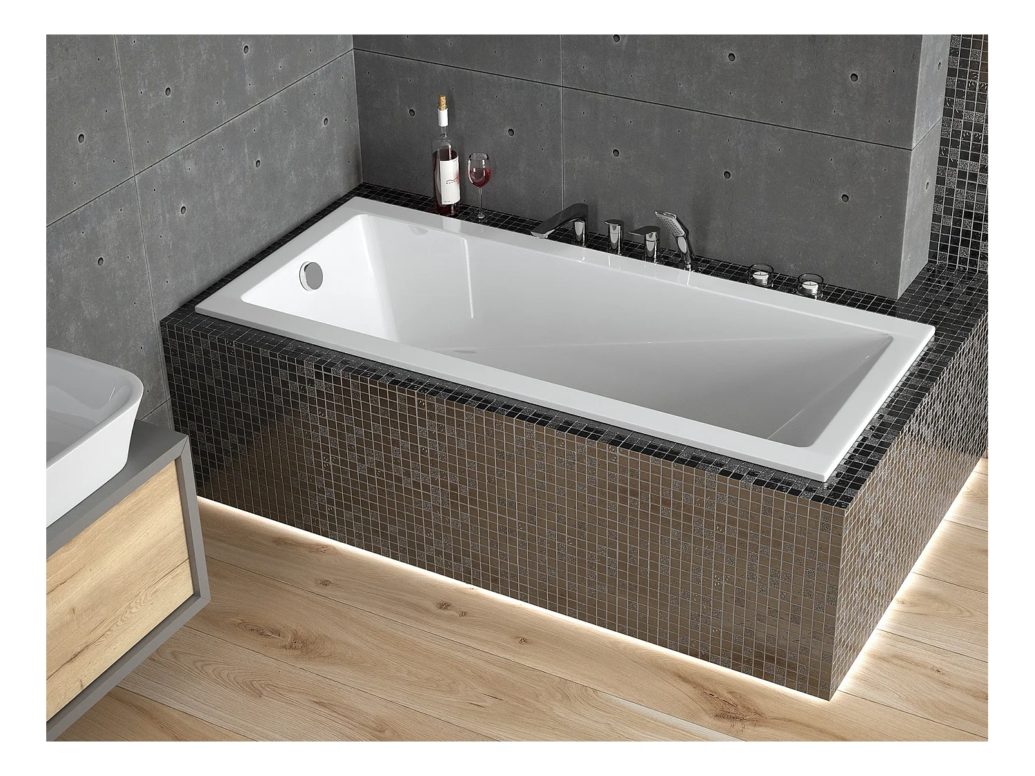 Baignoire rectangulaire 150x70 MODERN SLIM acrylique blanc + Habillage en polystyrène + Pieds + Vidage à chromé