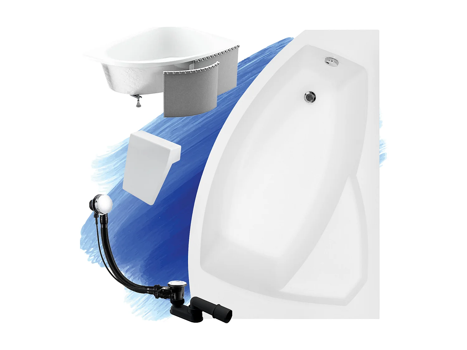 Badewanne Eckwanne RIMA 150x95 Rechts mit Styroporverkleidung und weißer Kopfstützen | Ablauf & Füße GRATIS !