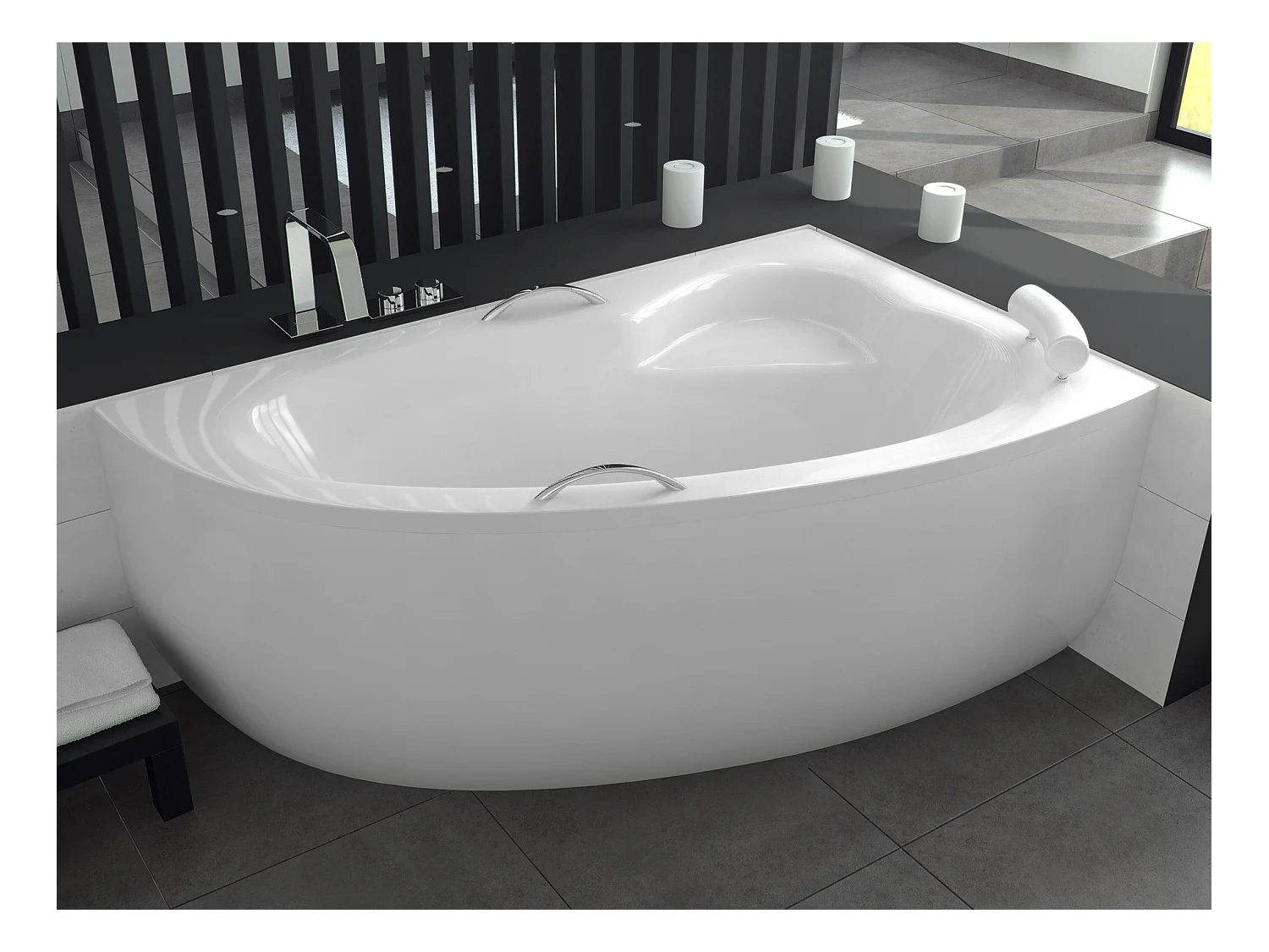 Baignoire asymétrique 150x100 Droite NATALIA acrylique blanc + avec Tablier + Pieds + Vidage à chromé