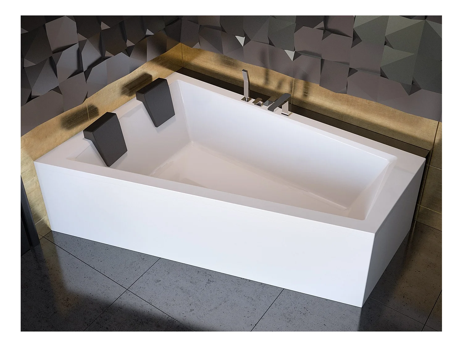 Baignoire asymétrique 180x125 Gauche INTIMA acrylique blanc + avec Tablier + Repose Tête + Pieds + Vidage à chromé