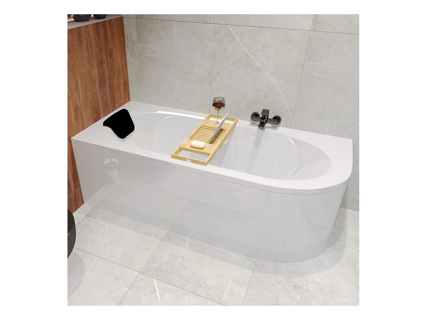 Baignoire asymétrique 160x75 Gauche AVITA acrylique blanc, sans Habillage + Repose Tête + Étagère bambou + Pieds + Vidage à chromé