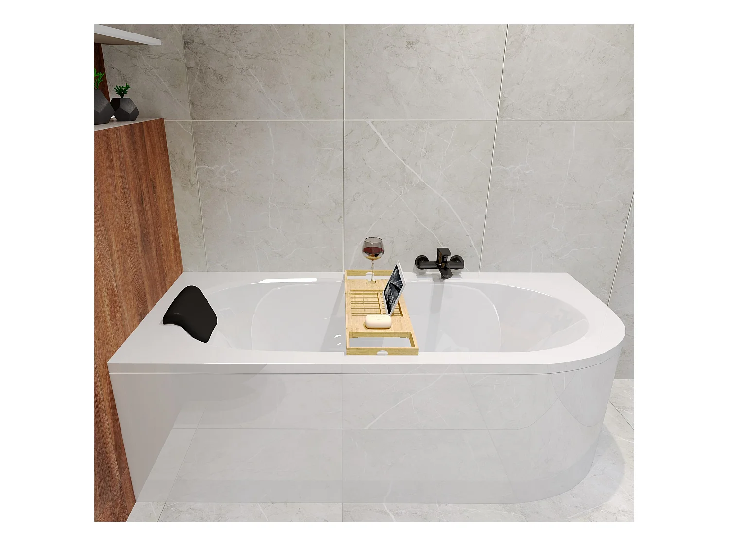 Badewanne Eckwanne AVITA 160x75 Links + Bambus Badewannenablage + Kopfstütze KODI | Ablauf & Füße GRATIS !