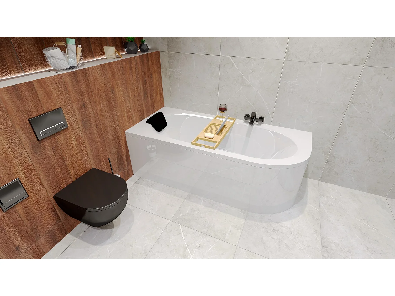 Baignoire asymétrique 160x75 Gauche AVITA acrylique blanc, sans Habillage + Repose Tête + Étagère bambou + Pieds + Vidage à chromé