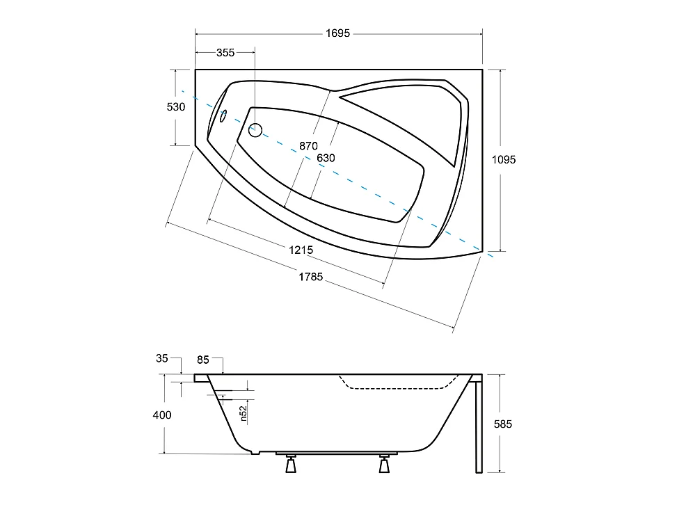Badewanne Eckwanne RIMA 170x110 Rechts mit weißer Kopfstützen | Ablauf & Füße GRATIS !
