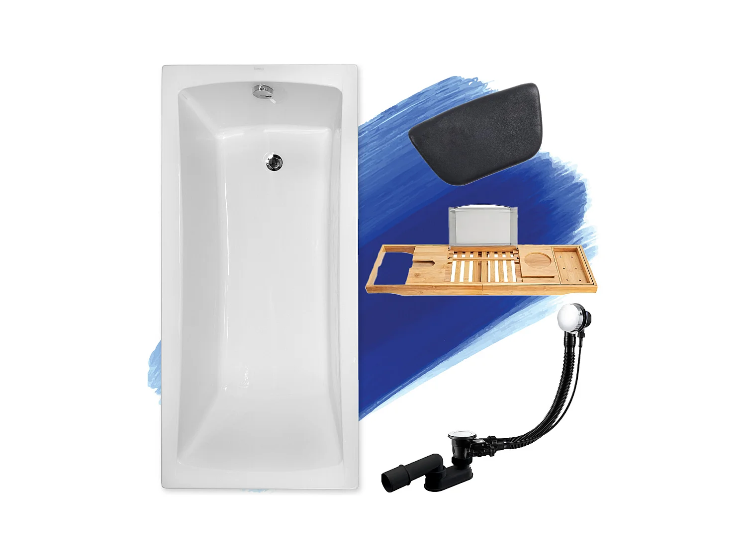 Baignoire rectangulaire 160x70 OPTIMA acrylique blanc, sans Habillage + Repose Tête + Étagère bambou + Pieds + Vidage à chromé