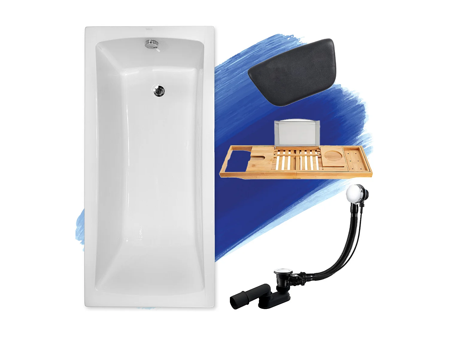 Baignoire rectangulaire 160x70 OPTIMA acrylique blanc, sans Habillage + Repose Tête + Étagère bambou + Pieds + Vidage à chromé