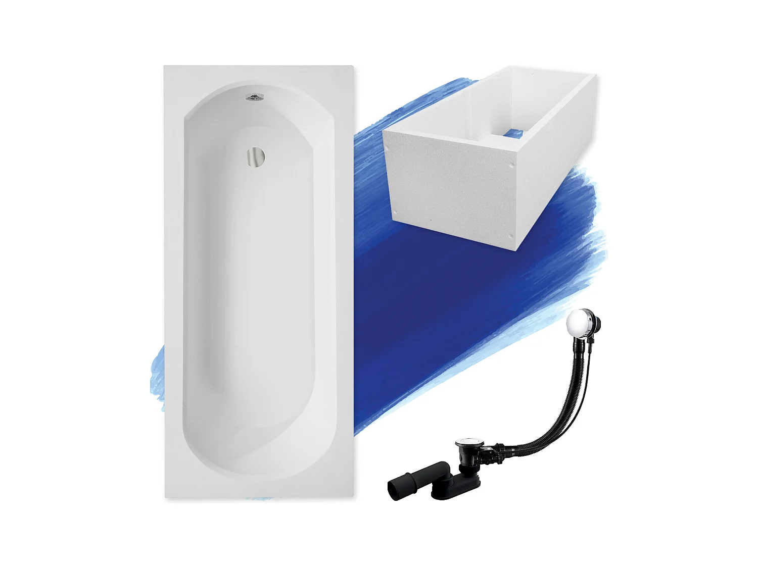 Baignoire rectangulaire 170x75 INTRICA acrylique blanc + Support stabilisateur en polystyrène + Pieds + Vidage à chromé