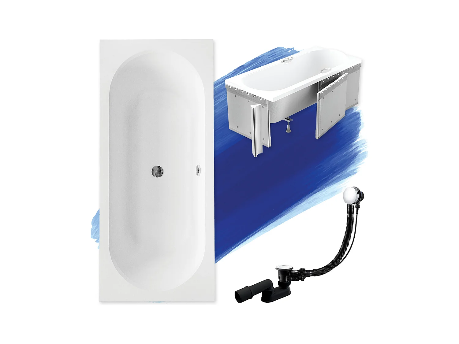 Baignoire rectangulaire 150x75 VITAE acrylique blanc + Habillage en polystyrène + Pieds + Vidage à chromé