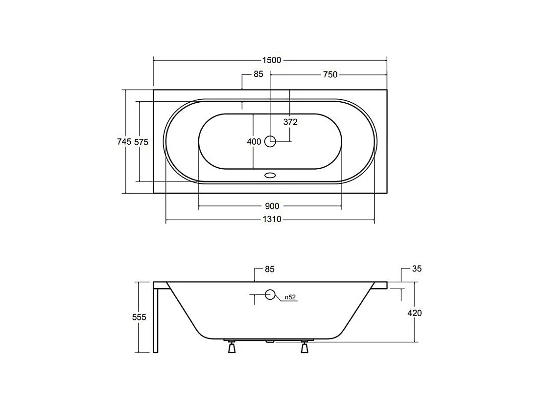 Baignoire rectangulaire 150x75 VITAE acrylique blanc + Habillage en polystyrène + Pieds + Vidage à chromé