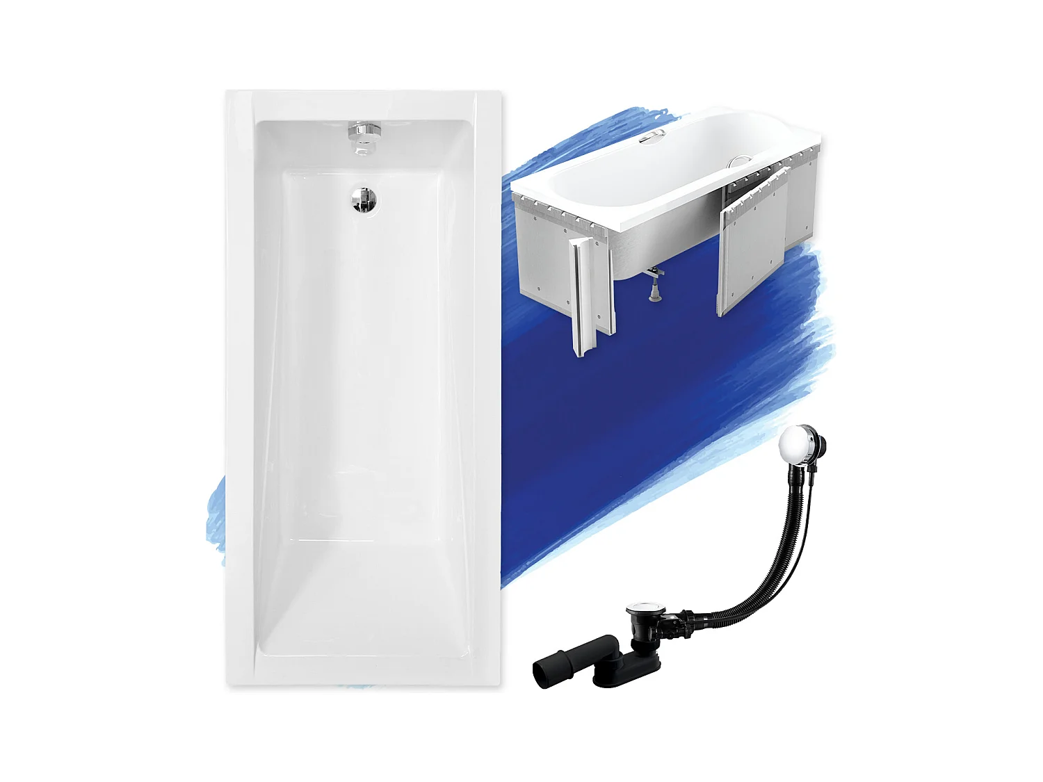 Baignoire rectangulaire 160x70 MODERN acrylique blanc + Habillage en polystyrène + Pieds + Vidage à chromé