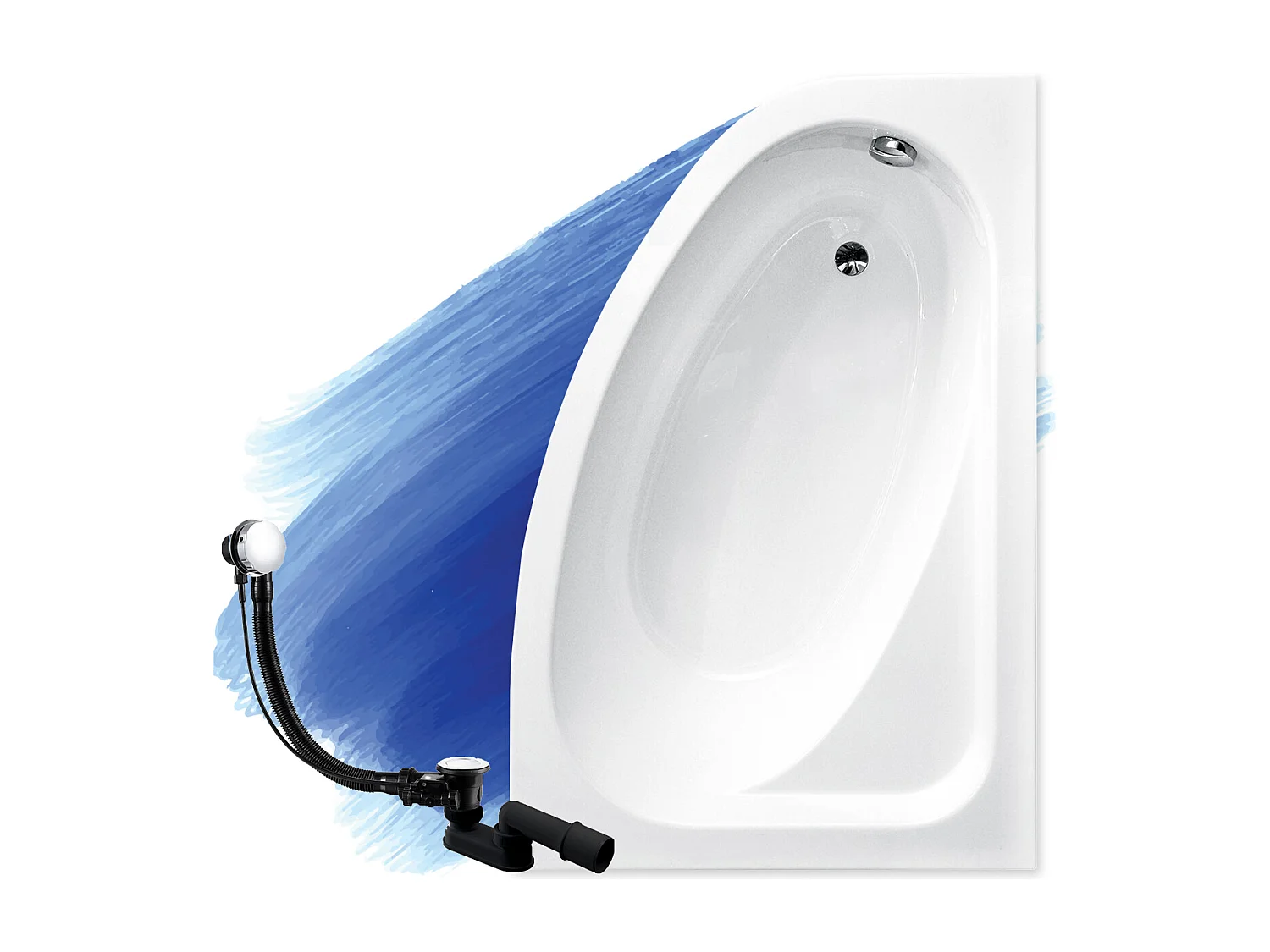 Baignoire asymétrique 150x100 Droite CORNEA acrylique blanc, sans Habillage + Pieds + Vidage à chromé