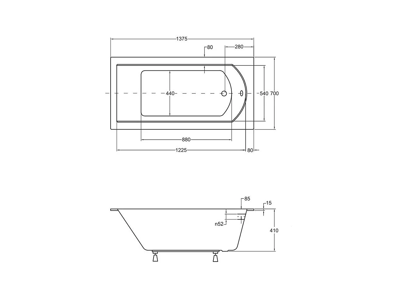 Baignoire rectangulaire 140x70 SHEA SLIM acrylique blanc + Support stabilisateur en polystyrène + Pieds + Vidage à chromé
