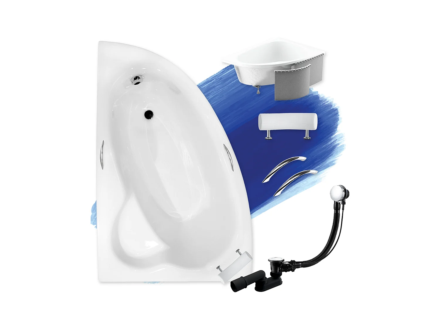 Baignoire asymétrique 150x100 Gauche NATALIA PREMIUM acrylique blanc + Habillage en polystyrène + Poignées + Repose Tête + Pieds + Vidage à chromé