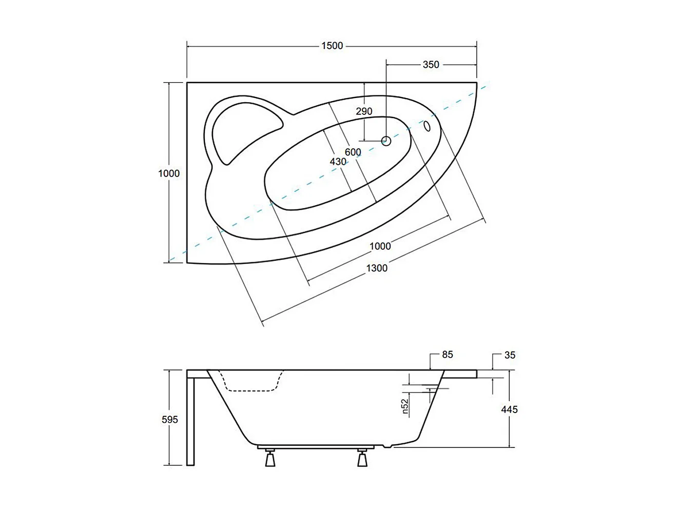 Baignoire asymétrique 150x100 Gauche NATALIA PREMIUM acrylique blanc + Habillage en polystyrène + Poignées + Repose Tête + Pieds + Vidage à chromé