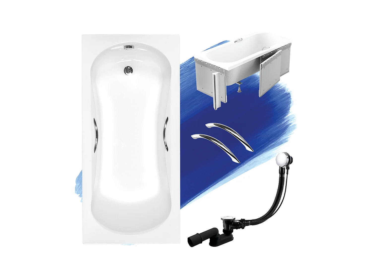 Baignoire rectangulaire 150x70 ARIA PLUS acrylique blanc + Habillage en polystyrène + Poignées + Pieds + Vidage à chromé