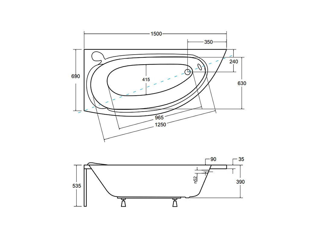 Hoekbad MINI 150x70 links met acrylschort | Afvoer &amp; poten GRATIS!